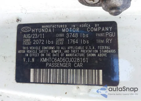 2012 Hyundai Veloster Base W/Gray from USA, damaged, VIN KMHTC6AD6CU028161